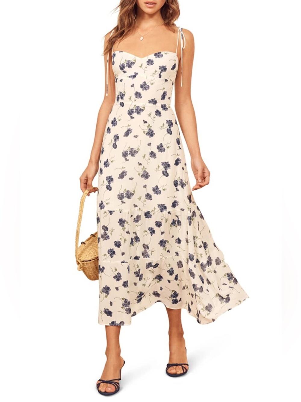 Reformation Cream Floral Midi Dress with Blue Floral Print